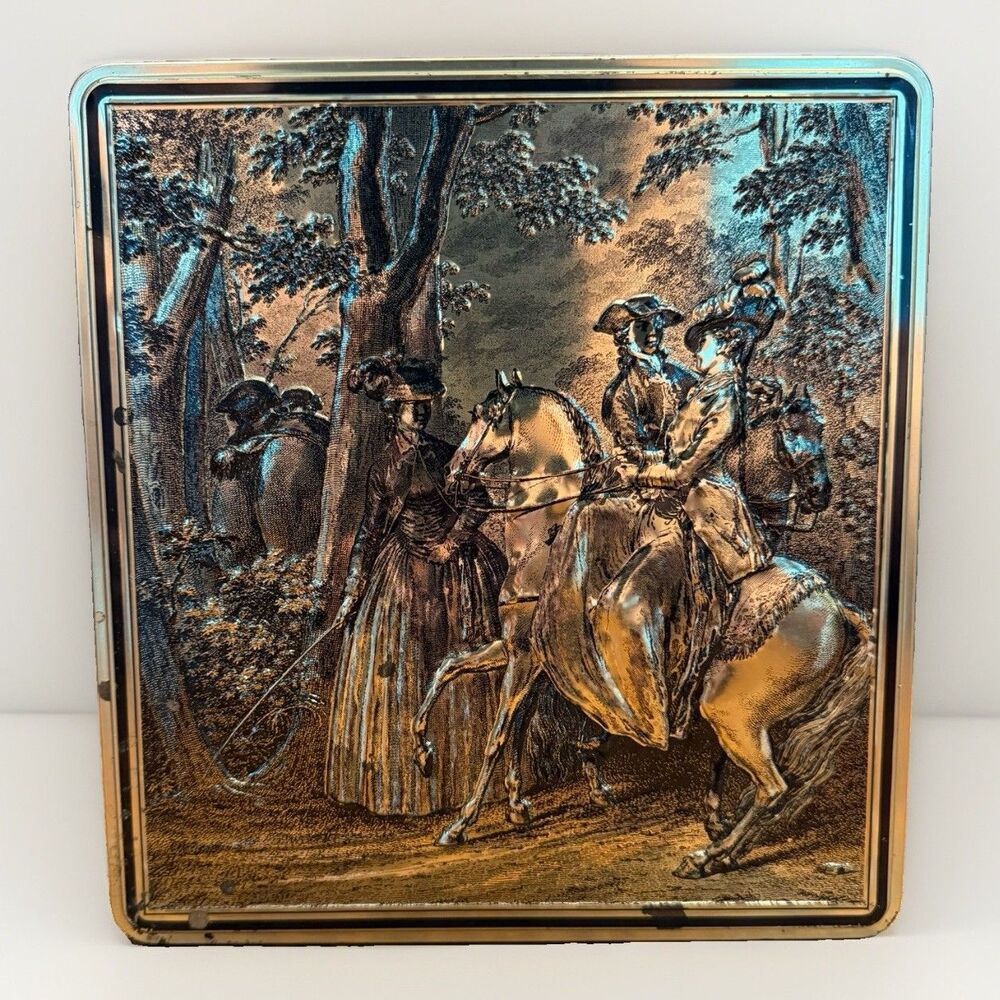 Vintage Biscuit Cookie Tin Box Gold Brass Tone Colonial Horse Riding Courting